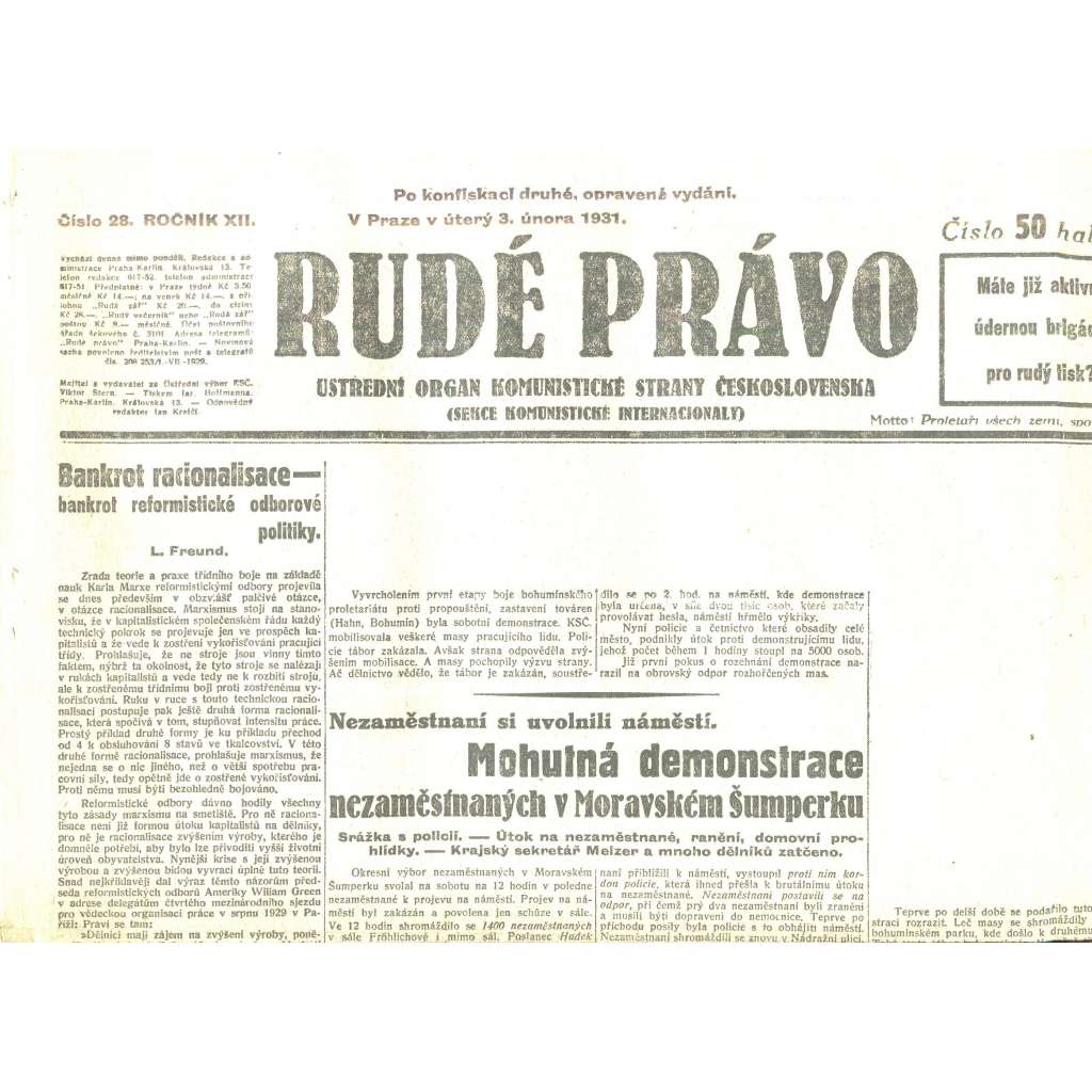 Rudé právo, ročník XII., číslo 28/1931. Ústřední orgán Komunistické strany Československa (staré noviny, 1. republika)