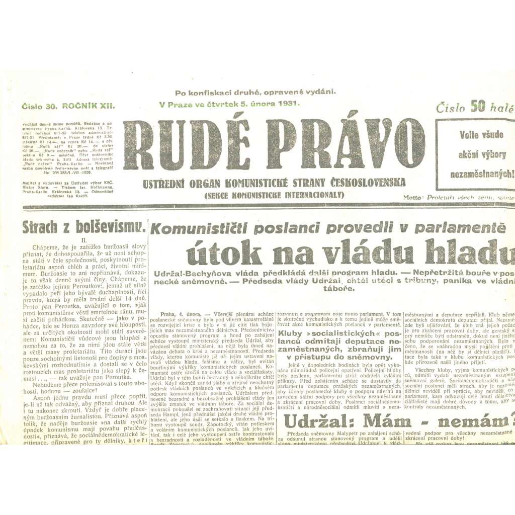 Rudé právo, ročník XII., číslo 30/1931. Ústřední orgán Komunistické strany Československa (staré noviny, 1. republika)