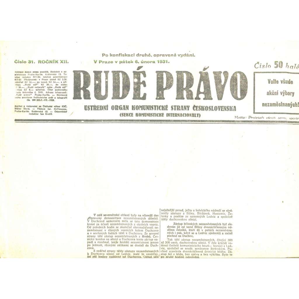 Rudé právo, ročník XII., číslo 31/1931. Ústřední orgán Komunistické strany Československa (staré noviny, 1. republika)