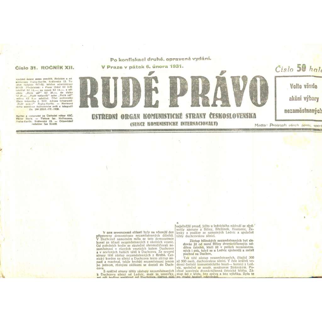 Rudé právo, ročník XII., číslo 31/1931. Ústřední orgán Komunistické strany Československa (staré noviny, 1. republika)