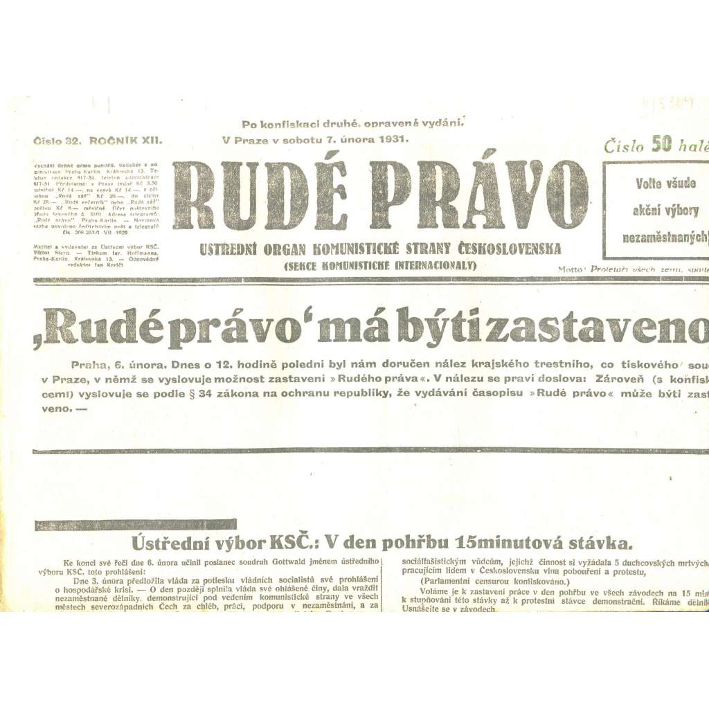 Rudé právo, ročník XII., číslo 32/1931. Ústřední orgán Komunistické strany Československa (staré noviny, 1. republika)
