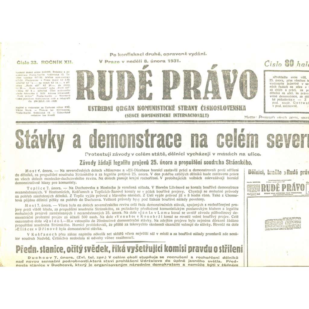 Rudé právo, ročník XII., číslo 33/1931. Ústřední orgán Komunistické strany Československa (staré noviny, 1. republika)