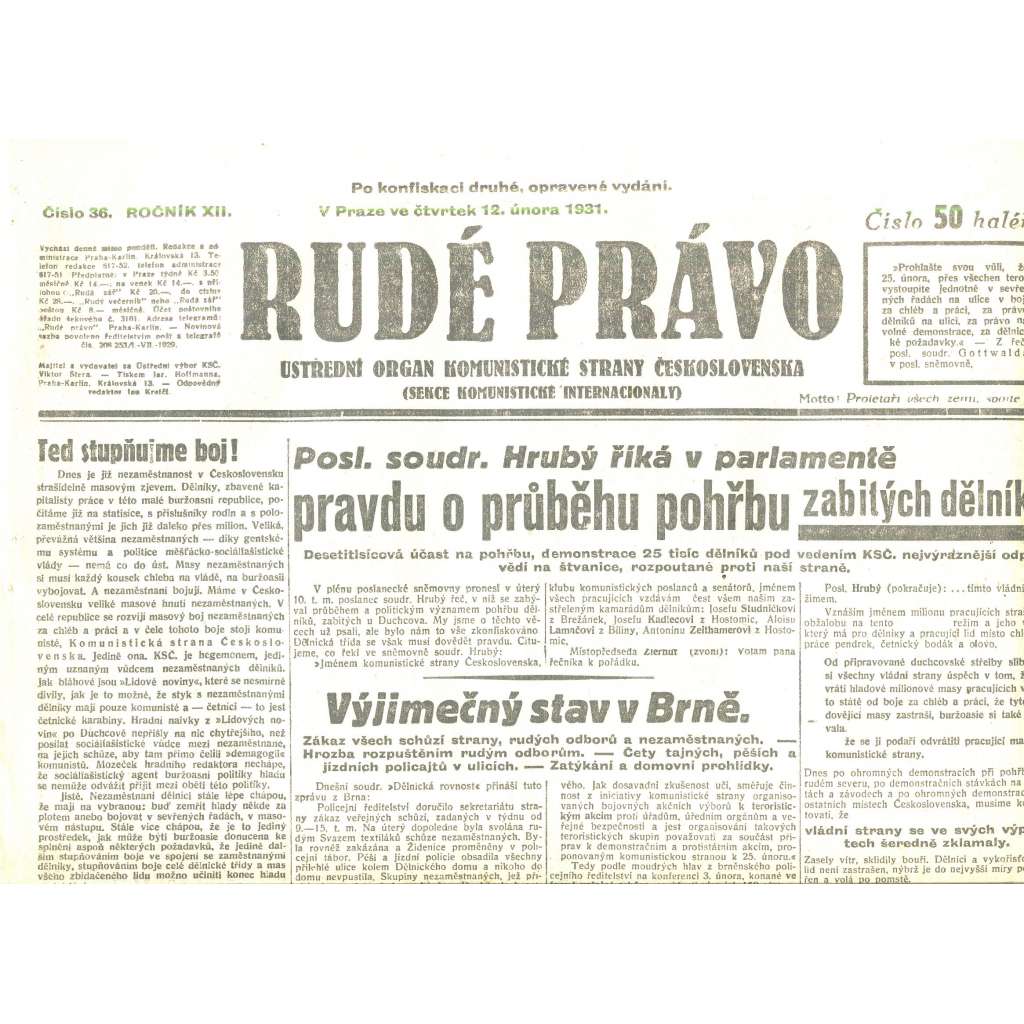 Rudé právo, ročník XII., číslo 36/1931. Ústřední orgán Komunistické strany Československa (staré noviny, 1. republika)