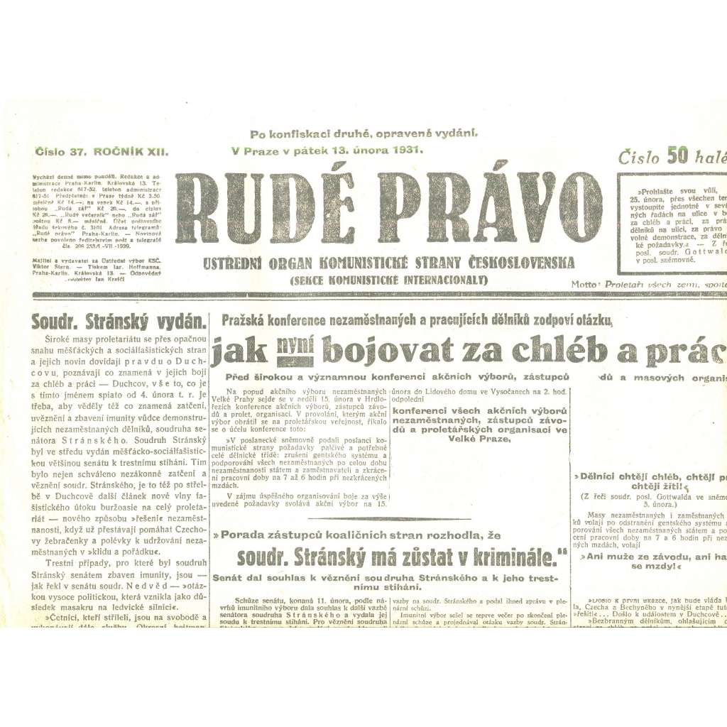 Rudé právo, ročník XII., číslo 37/1931. Ústřední orgán Komunistické strany Československa (staré noviny, 1. republika)
