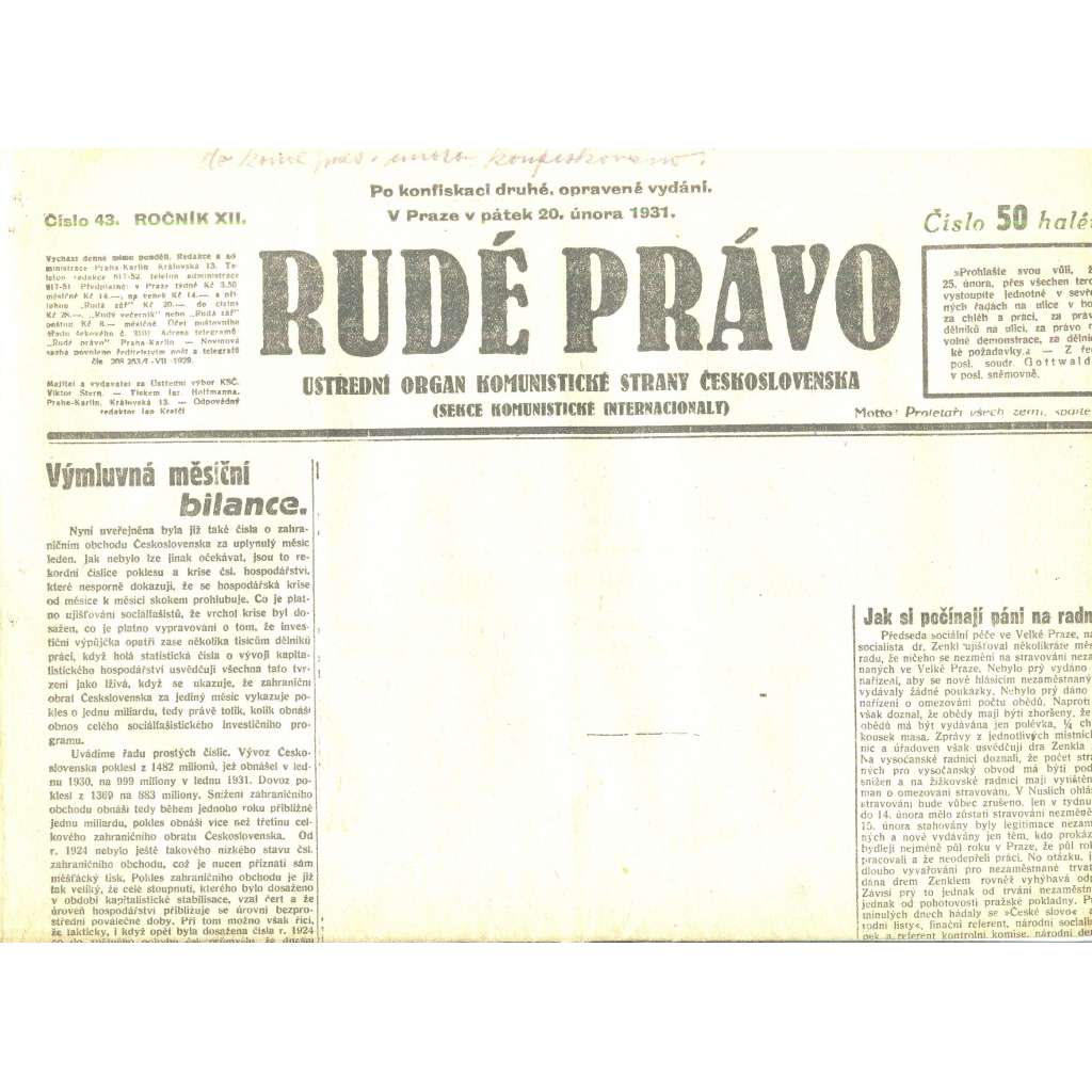 Rudé právo, ročník XII., číslo 43/1931. Ústřední orgán Komunistické strany Československa (staré noviny, 1. republika)