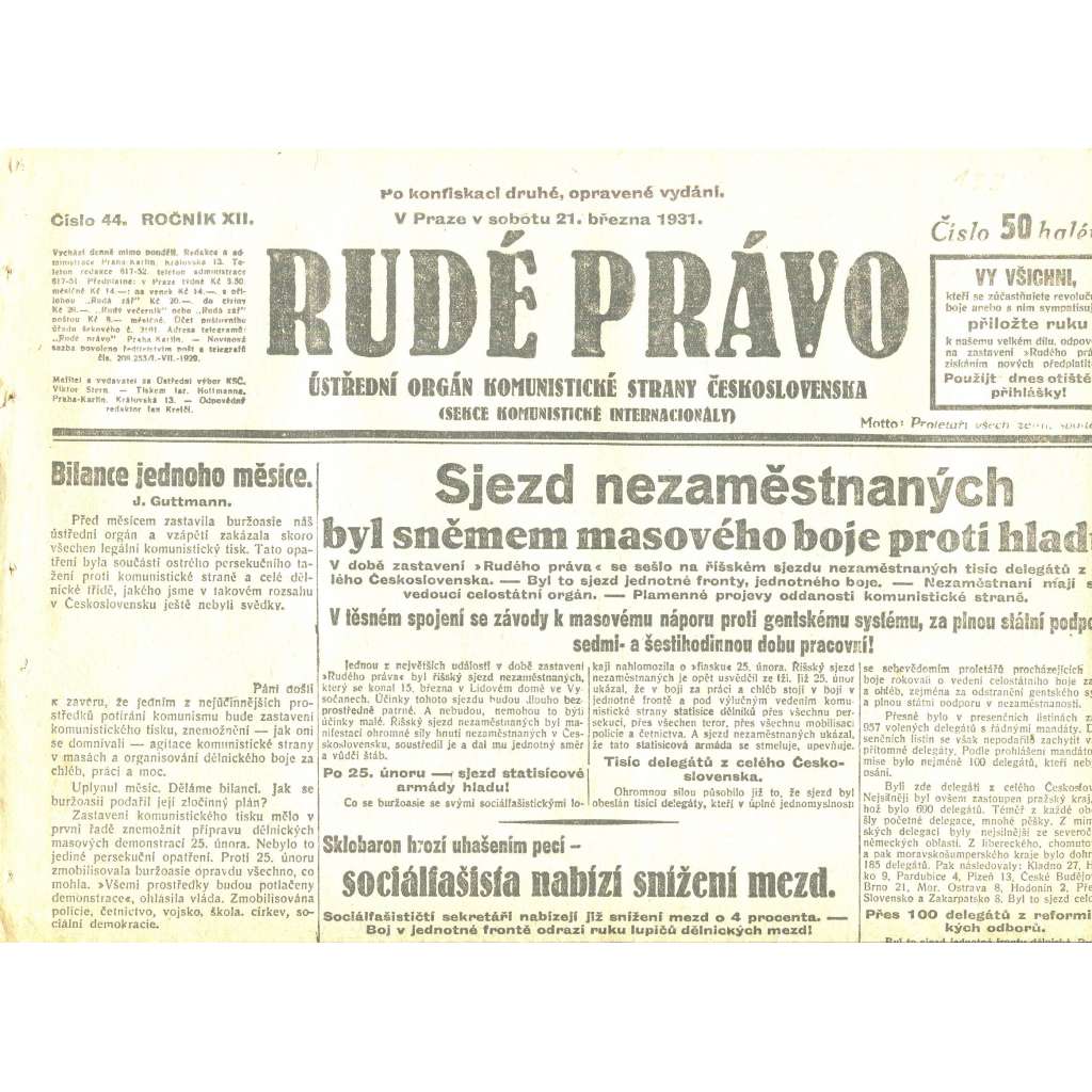 Rudé právo, ročník XII., číslo 44/1931. Ústřední orgán Komunistické strany Československa (staré noviny, 1. republika)
