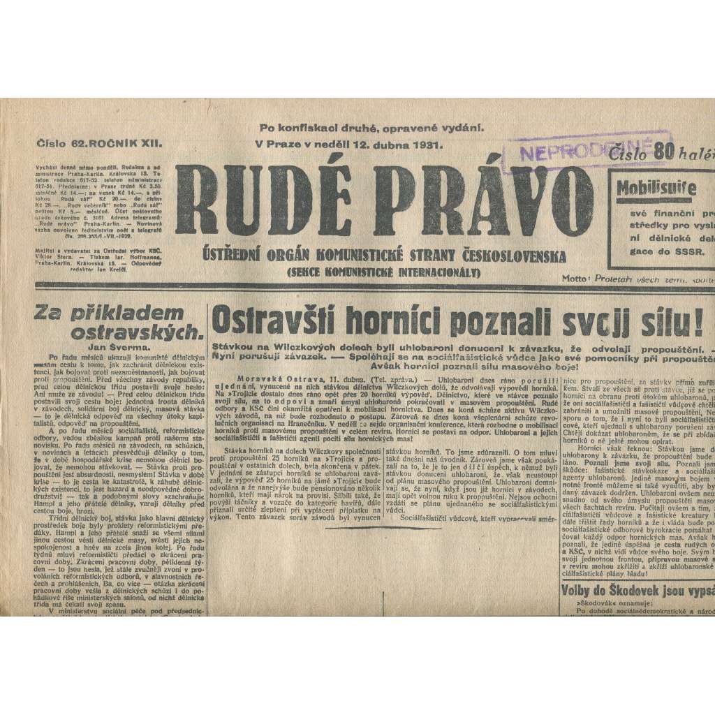 Rudé právo, ročník XII., číslo 62/1931. Ústřední orgán Komunistické strany Československa (staré noviny, 1. republika)