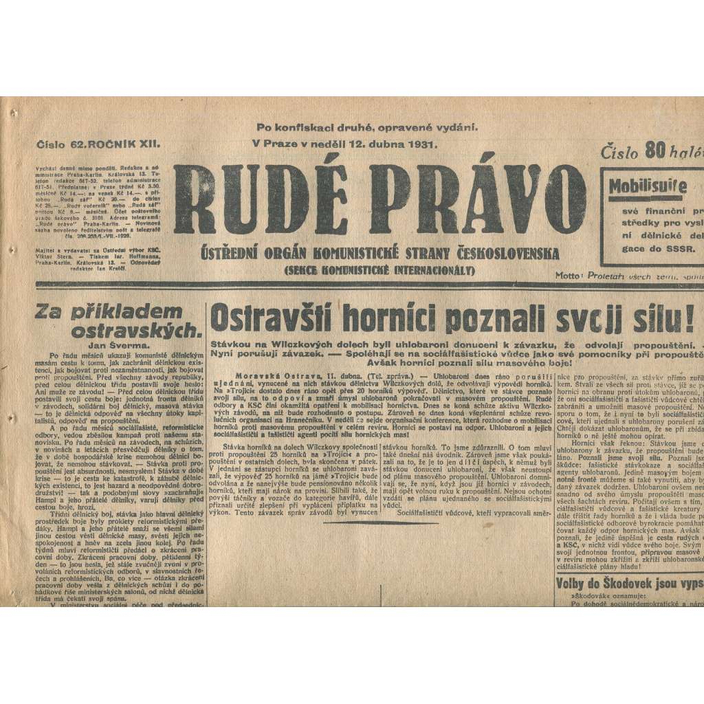 Rudé právo, ročník XII., číslo 62/1931. Ústřední orgán Komunistické strany Československa (staré noviny, 1. republika)