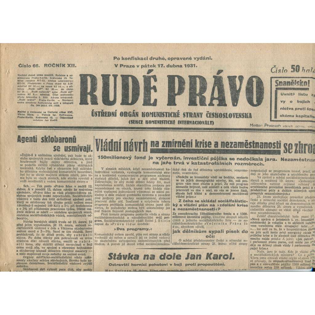 Rudé právo, ročník XII., číslo 66/1931. Ústřední orgán Komunistické strany Československa (staré noviny, 1. republika)