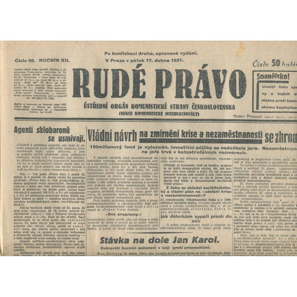 Rudé právo, ročník XII., číslo 66/1931. Ústřední orgán Komunistické strany Československa (staré noviny, 1. republika)