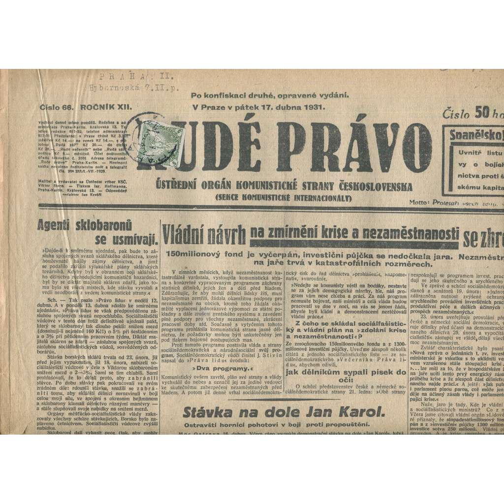 Rudé právo, ročník XII., číslo 66/1931. Ústřední orgán Komunistické strany Československa (staré noviny, 1. republika) - nené kompletní