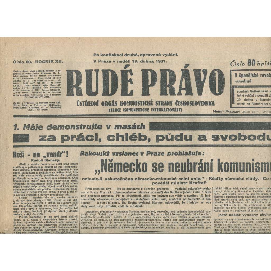 Rudé právo, ročník XII., číslo 68/1931. Ústřední orgán Komunistické strany Československa (staré noviny, 1. republika)