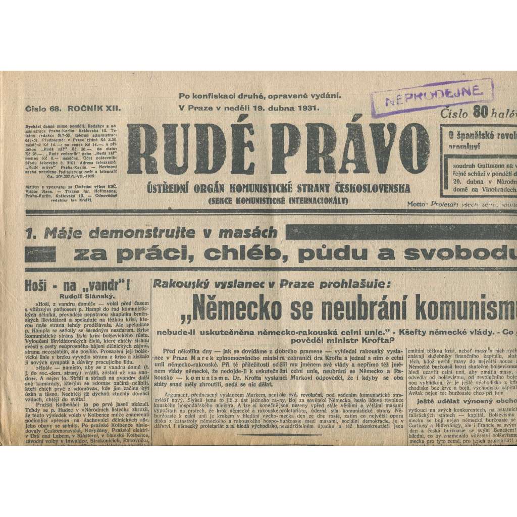 Rudé právo, ročník XII., číslo 68/1931. Ústřední orgán Komunistické strany Československa (staré noviny, 1. republika)