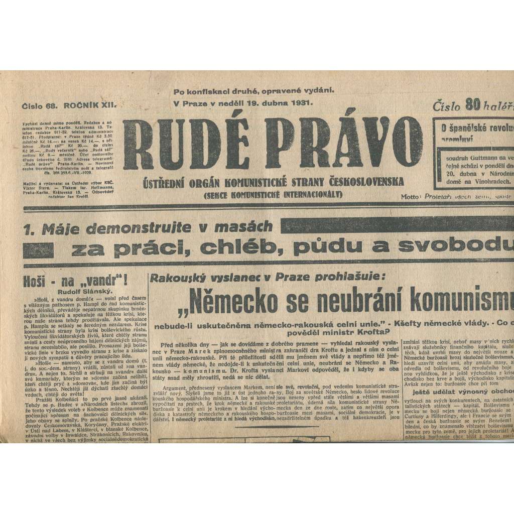 Rudé právo, ročník XII., číslo 68/1931. Ústřední orgán Komunistické strany Československa (staré noviny, 1. republika)