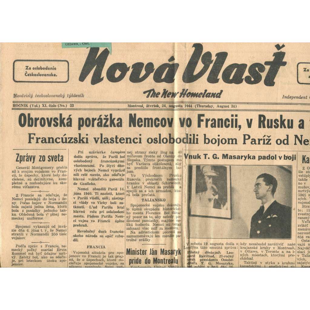 Nová vlasť, ročník XI., číslo 33/1944 (staré noviny, text slovensky)