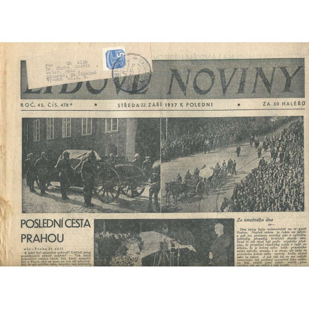 Lidové noviny, ročník 45., číslo 478/1937 (smrt T. G. Masaryk, prezident)