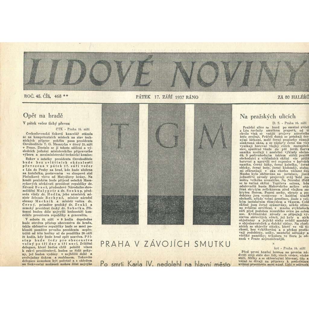 Lidové noviny, ročník 45., číslo 468/1937 (smrt T. G. Masaryk, prezident)