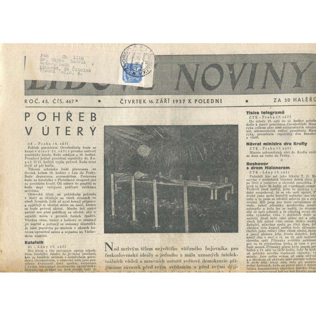 Lidové noviny, ročník 45., číslo 467/1937 (smrt T. G. Masaryk, prezident)