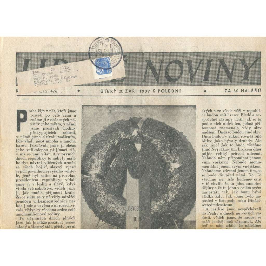 Lidové noviny, ročník 45., číslo 476/1937 (smrt T. G. Masaryk, prezident)