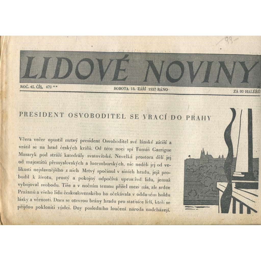Lidové noviny, ročník 45., číslo 470/1937 (smrt T. G. Masaryk, prezident)