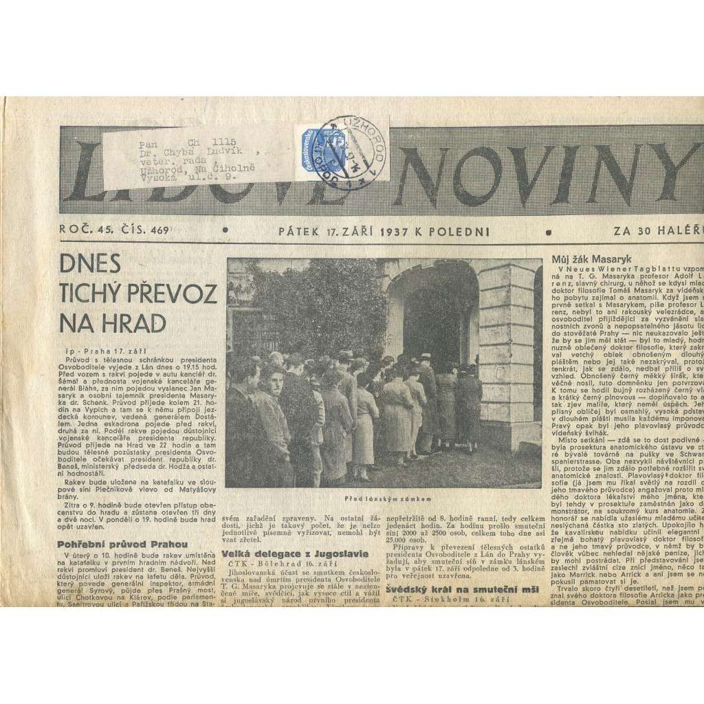 Lidové noviny, ročník 45., číslo 469/1937 (smrt T. G. Masaryk, prezident)
