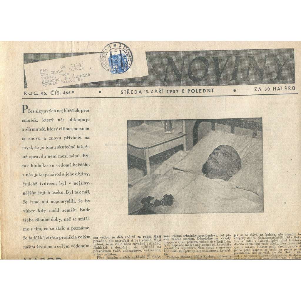 Lidové noviny, ročník 45., číslo 465/1937 (smrt T. G. Masaryk, prezident)