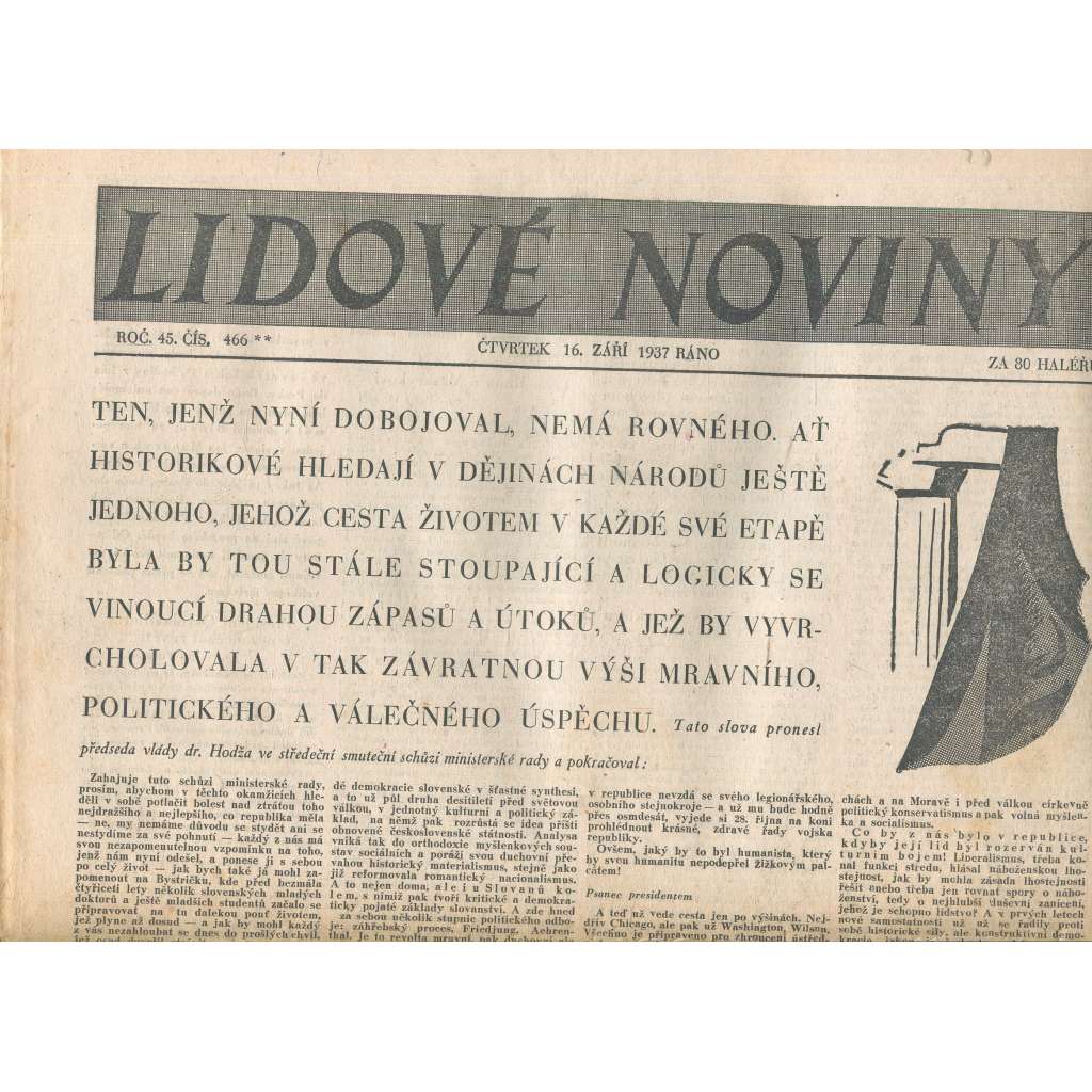 Lidové noviny, ročník 45., číslo 466/1937 (smrt T. G. Masaryk, prezident)