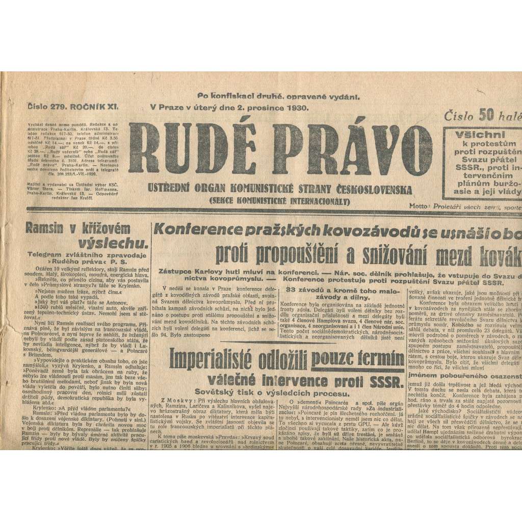 Rudé právo, ročník XI., číslo 279/1930. Ústřední orgán Komunistické strany Československa (staré noviny, 1. republika)