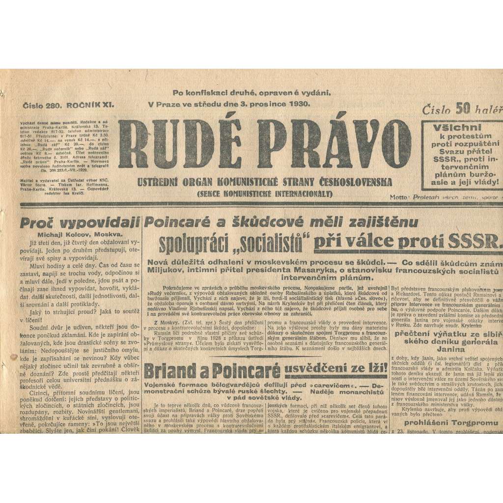 Rudé právo, ročník XI., číslo 280/1930. Ústřední orgán Komunistické strany Československa (staré noviny, 1. republika)
