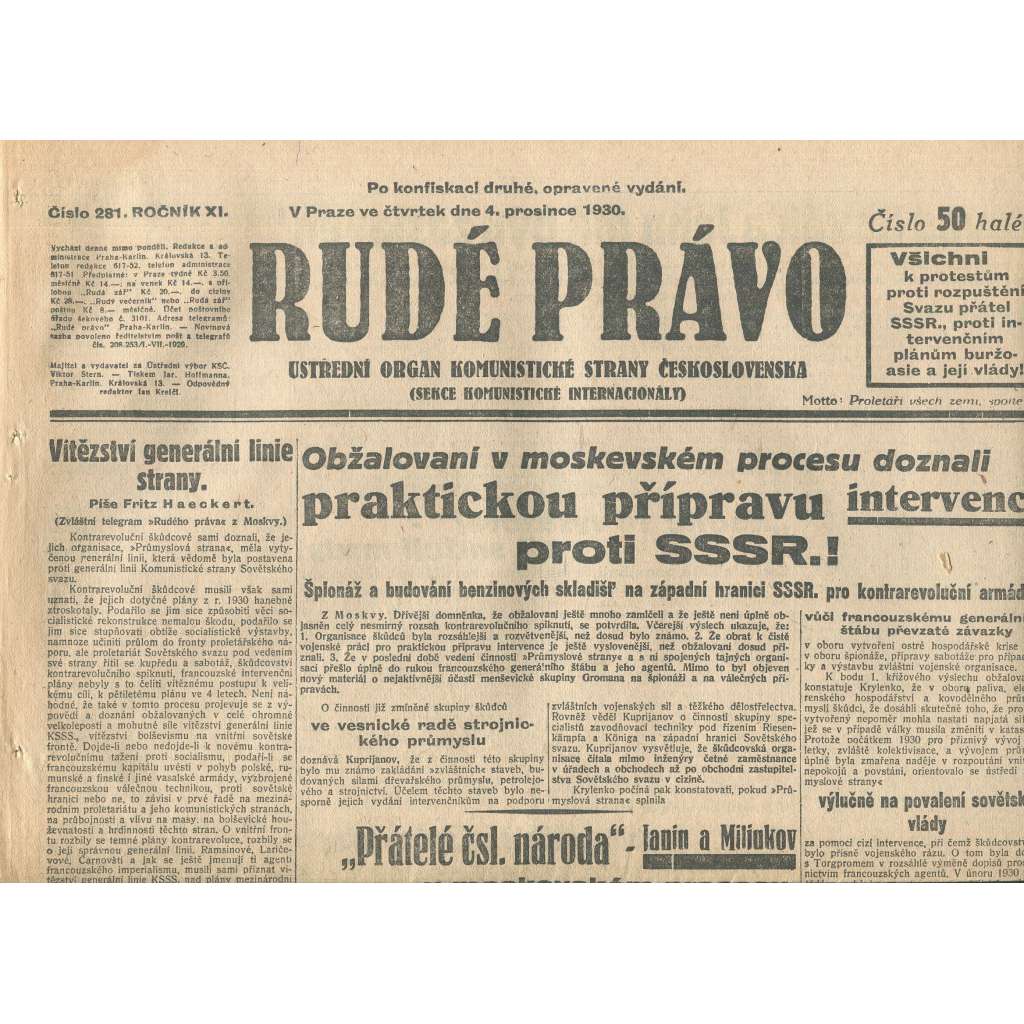 Rudé právo, ročník XI., číslo 281/1930. Ústřední orgán Komunistické strany Československa (staré noviny, 1. republika)