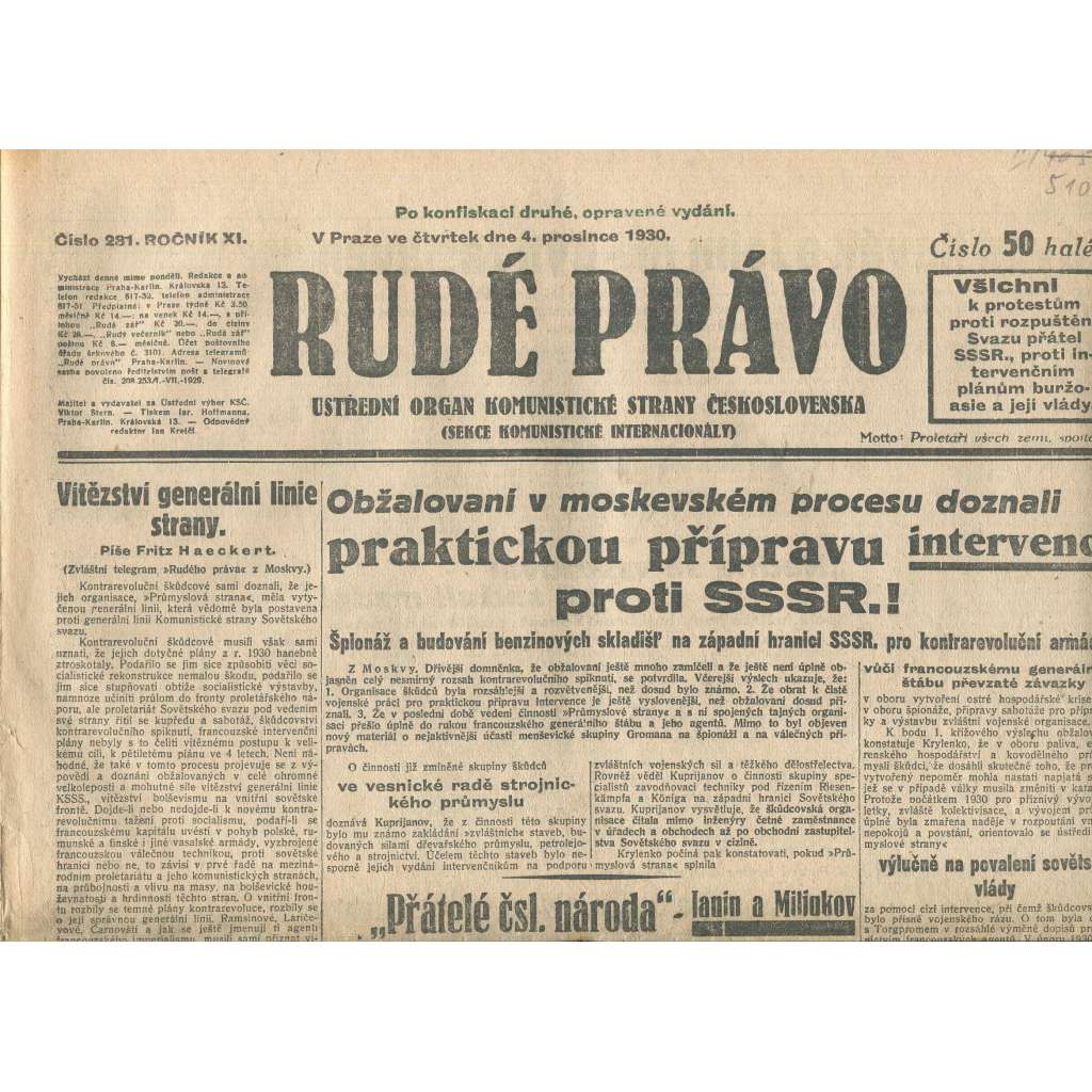 Rudé právo, ročník XI., číslo 281/1930. Ústřední orgán Komunistické strany Československa (staré noviny, 1. republika)