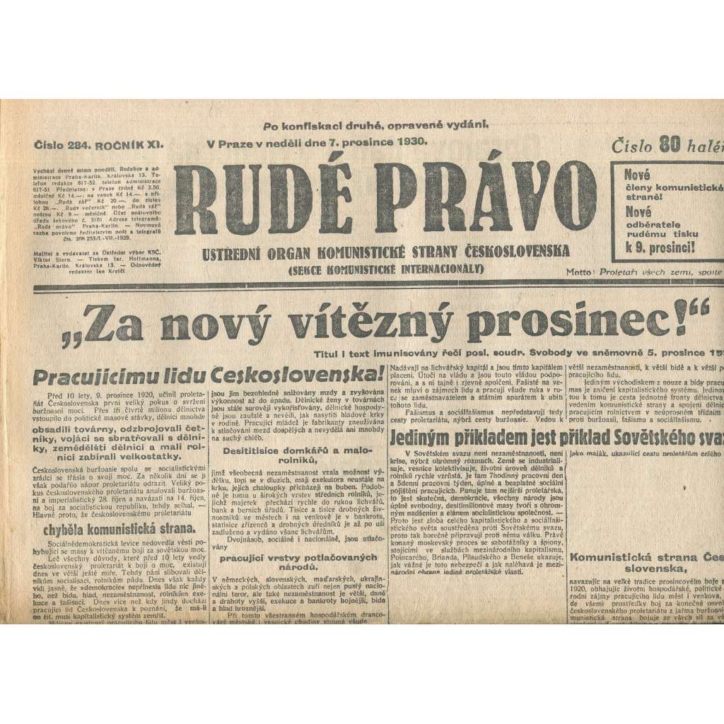 Rudé právo, ročník XI., číslo 284/1930. Ústřední orgán Komunistické strany Československa (staré noviny, 1. republika)