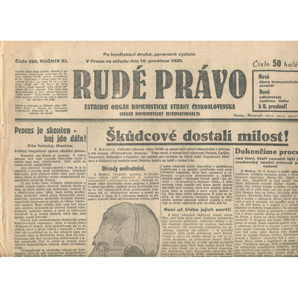 Rudé právo, ročník XI., číslo 286/1930. Ústřední orgán Komunistické strany Československa (staré noviny, 1. republika)