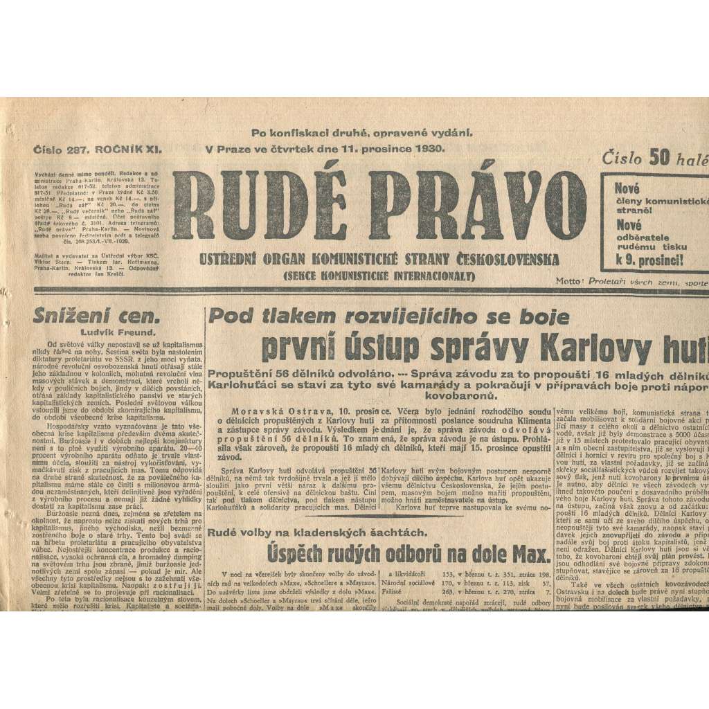 Rudé právo, ročník XI., číslo 287/1930. Ústřední orgán Komunistické strany Československa (staré noviny, 1. republika)