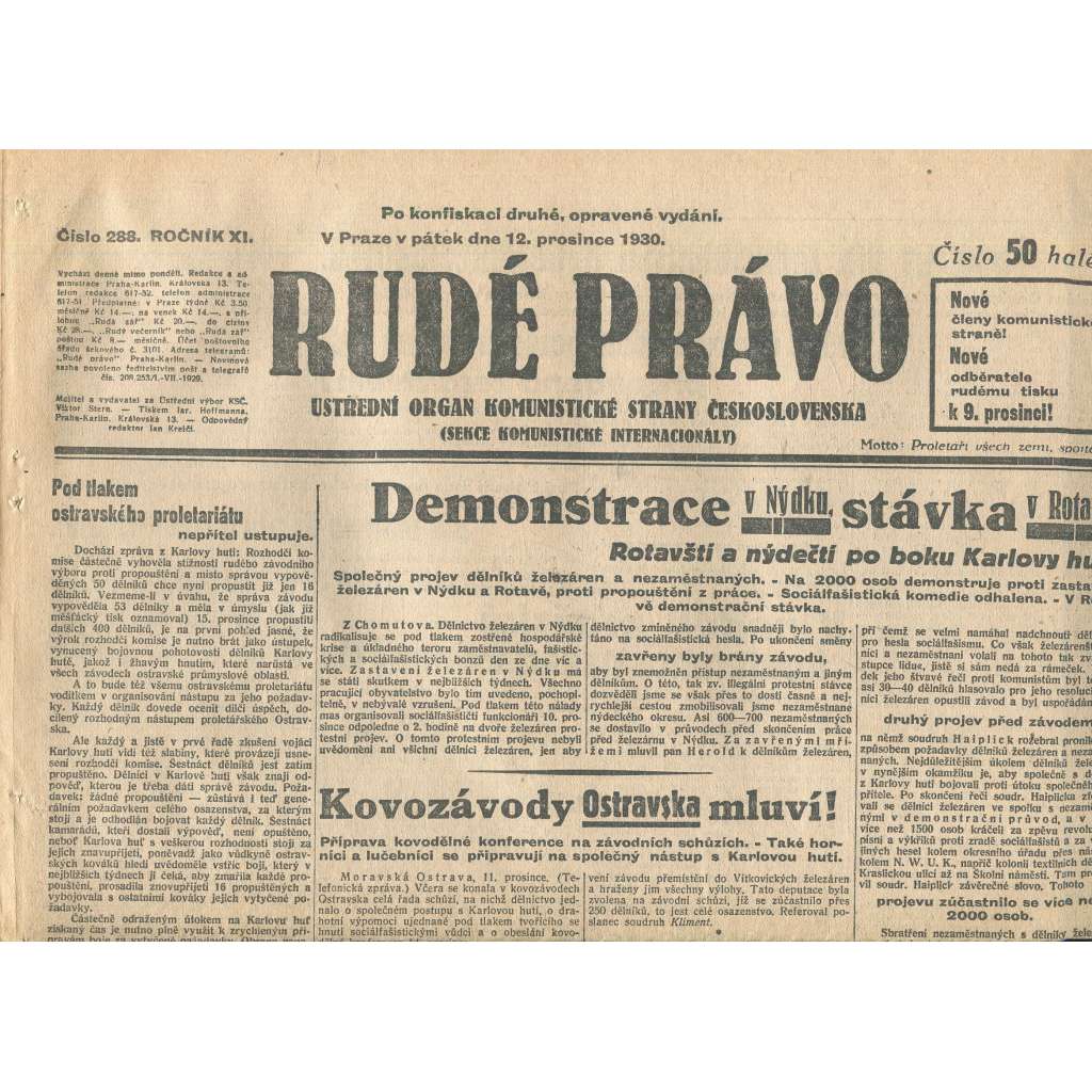 Rudé právo, ročník XI., číslo 288/1930. Ústřední orgán Komunistické strany Československa (staré noviny, 1. republika)