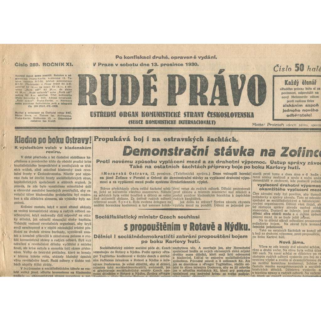 Rudé právo, ročník XI., číslo 289/1930. Ústřední orgán Komunistické strany Československa (staré noviny, 1. republika)