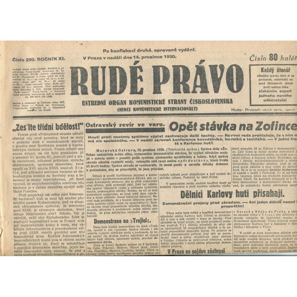 Rudé právo, ročník XI., číslo 290/1930. Ústřední orgán Komunistické strany Československa (staré noviny, 1. republika)