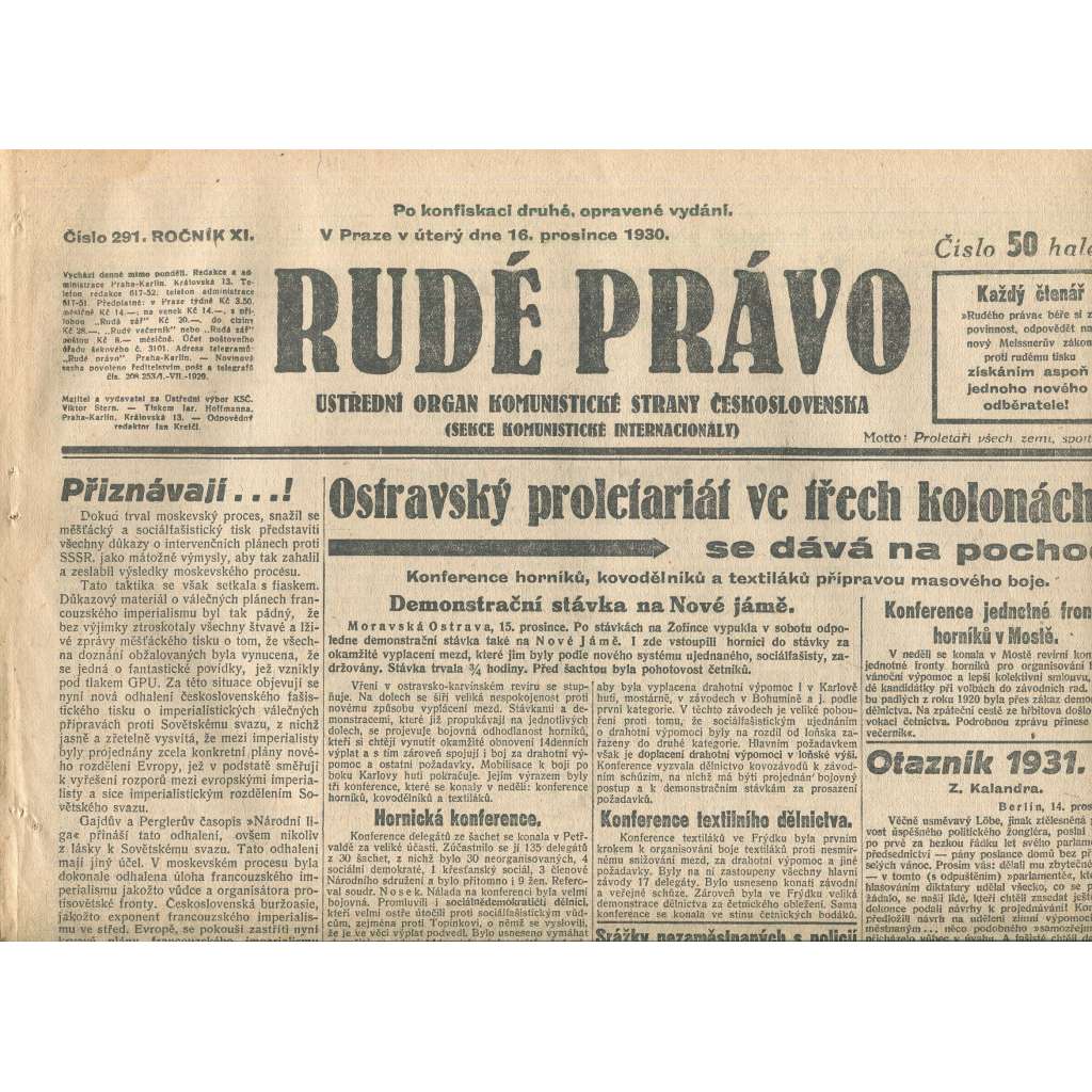 Rudé právo, ročník XI., číslo 290/1930. Ústřední orgán Komunistické strany Československa (staré noviny, 1. republika)