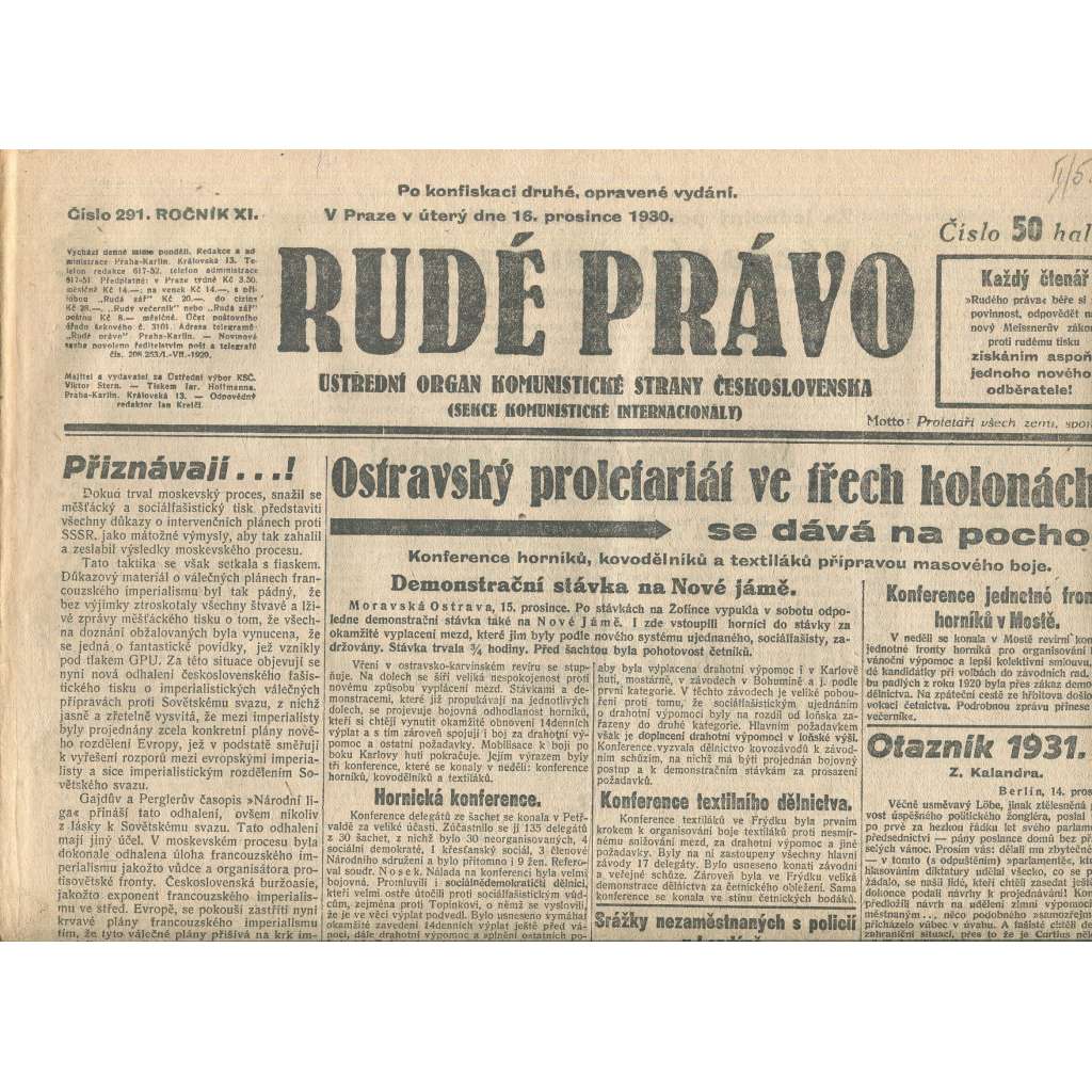Rudé právo, ročník XI., číslo 291/1930. Ústřední orgán Komunistické strany Československa (staré noviny, 1. republika) Rudé právo, ročník XI., číslo 291/1930. Ústřední orgán Komunistické strany Československa (staré noviny, 1. republika)