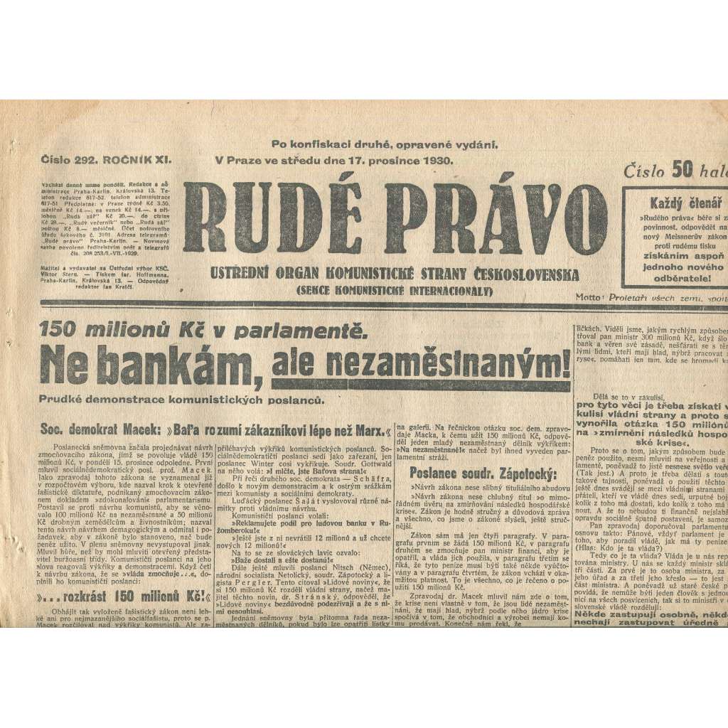 Rudé právo, ročník XI., číslo 292/1930. Ústřední orgán Komunistické strany Československa (staré noviny, 1. republika) Rudé právo, ročník XI., číslo 292/1930. Ústřední orgán Komunistické strany Československa (staré noviny, 1. republika)