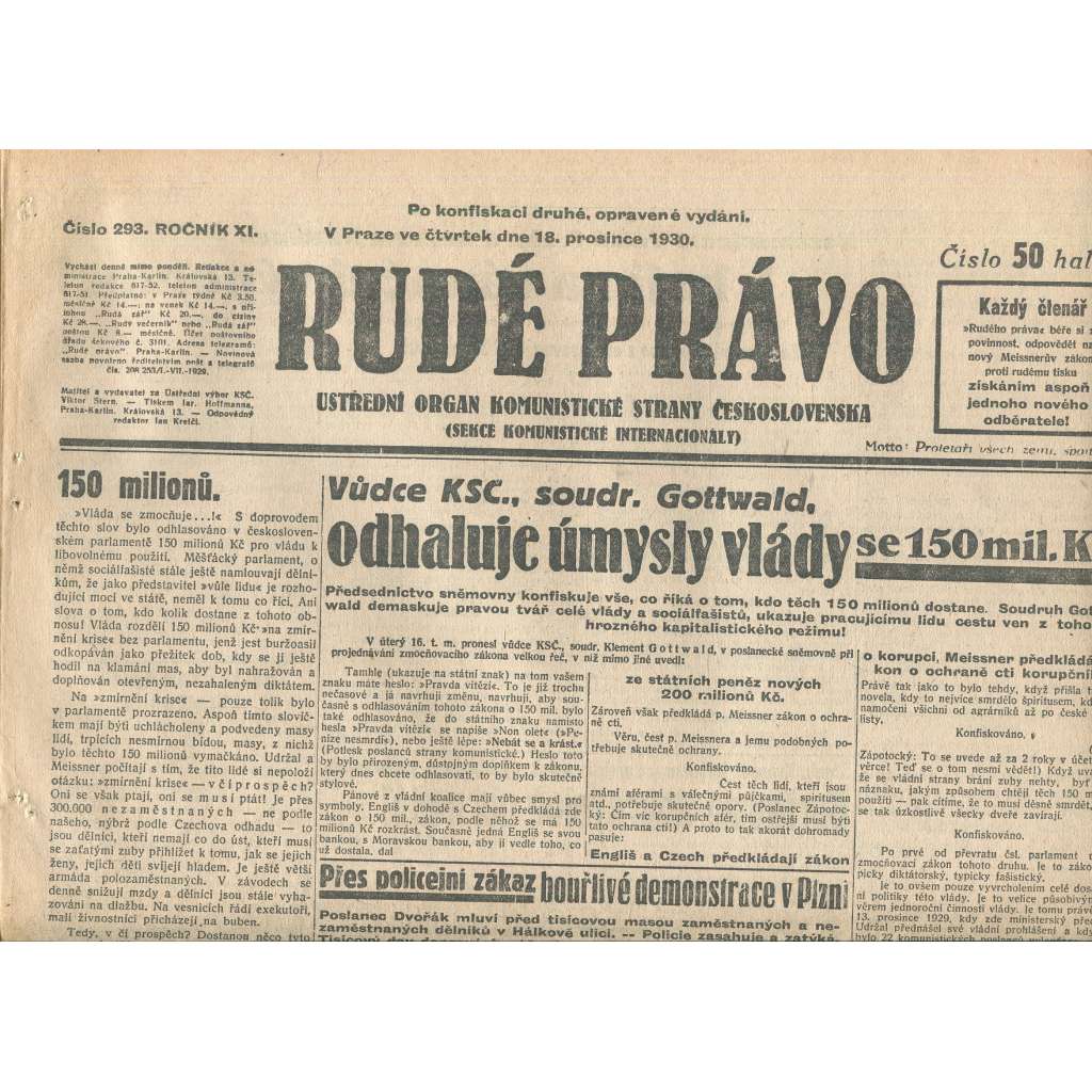 Rudé právo, ročník XI., číslo 293/1930. Ústřední orgán Komunistické strany Československa (staré noviny, 1. republika) Rudé právo, ročník XI., číslo 293/1930. Ústřední orgán Komunistické strany Československa (staré noviny, 1. republika)