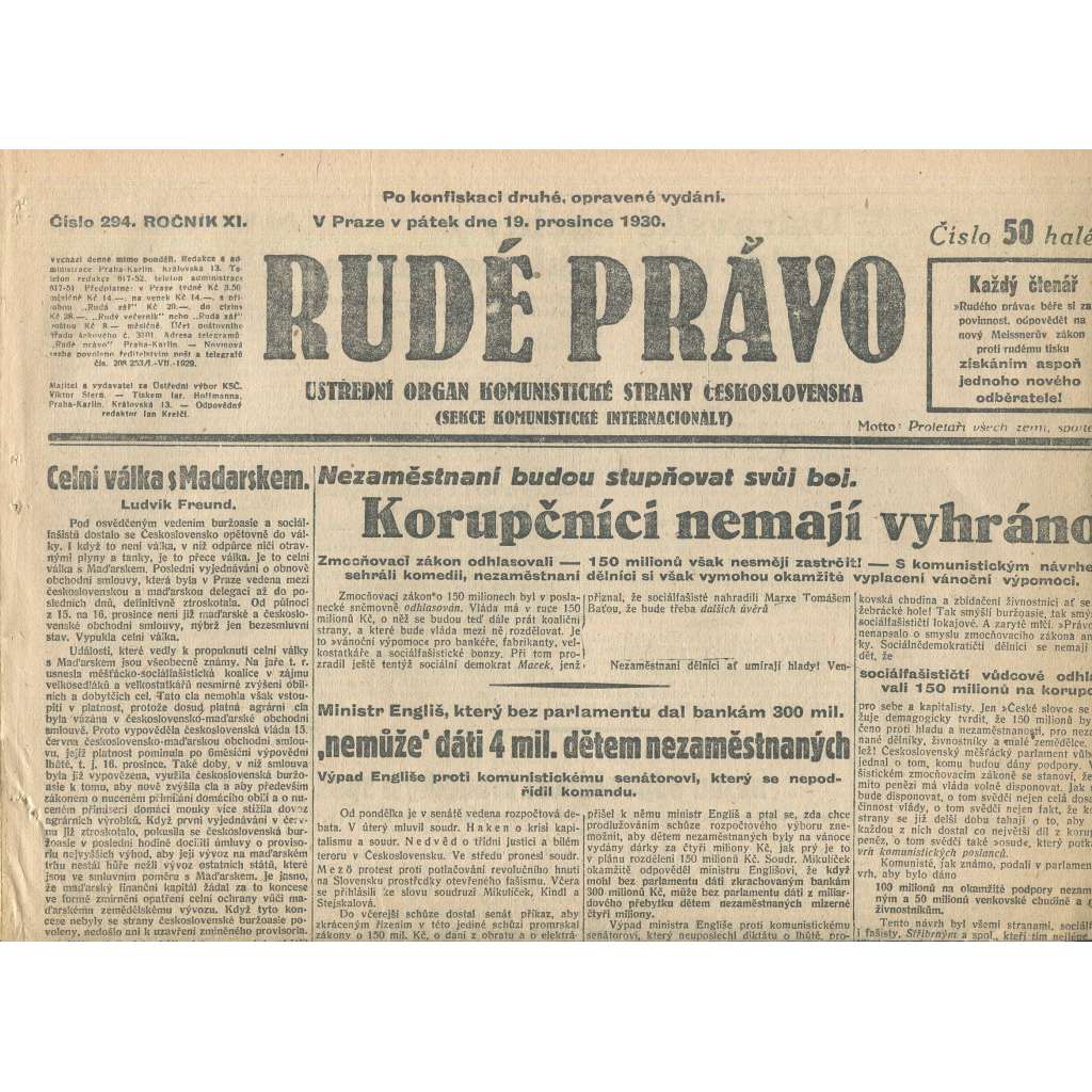 Rudé právo, ročník XI., číslo 294/1930. Ústřední orgán Komunistické strany Československa (staré noviny, 1. republika) Rudé právo, ročník XI., číslo 294/1930. Ústřední orgán Komunistické strany Československa (staré noviny, 1. republika)