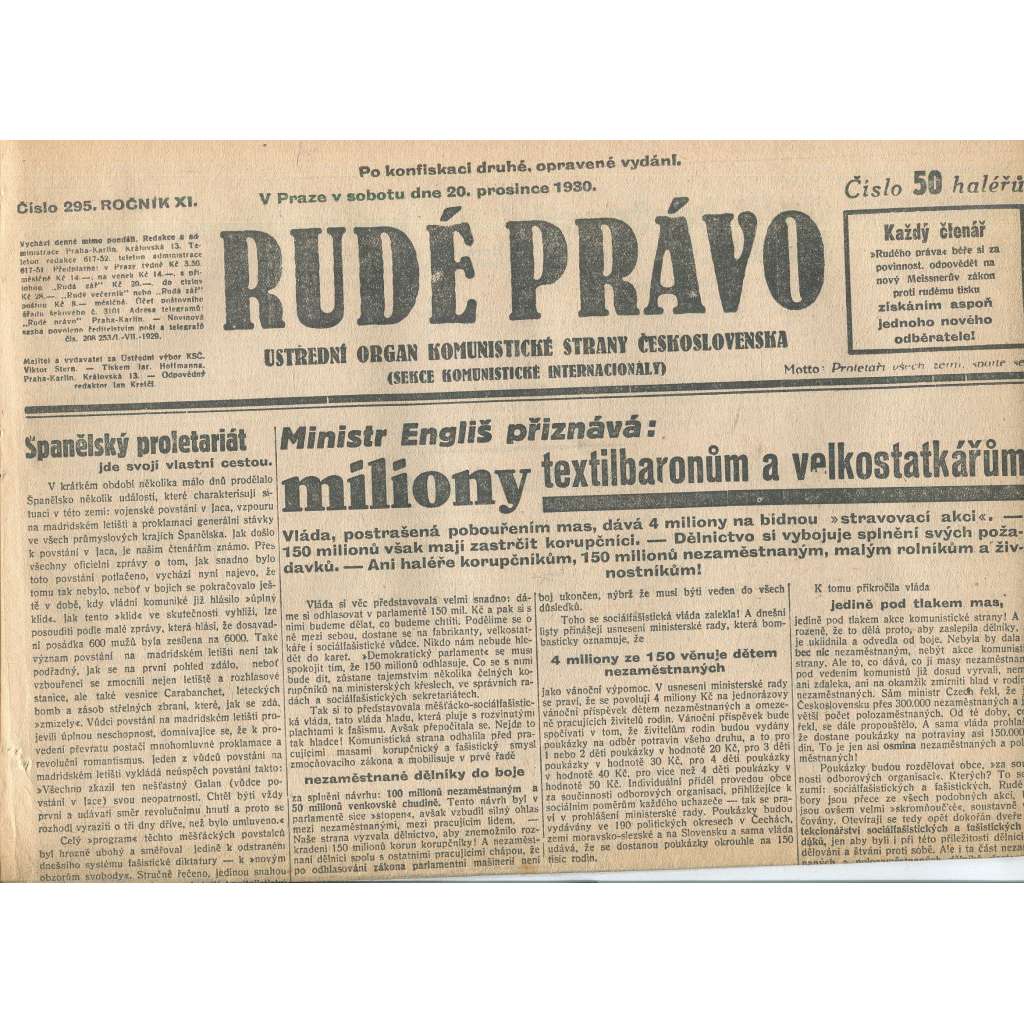 Rudé právo, ročník XI., číslo 295/1930. Ústřední orgán Komunistické strany Československa (staré noviny, 1. republika) Rudé právo, ročník XI., číslo 295/1930. Ústřední orgán Komunistické strany Československa (staré noviny, 1. republika)