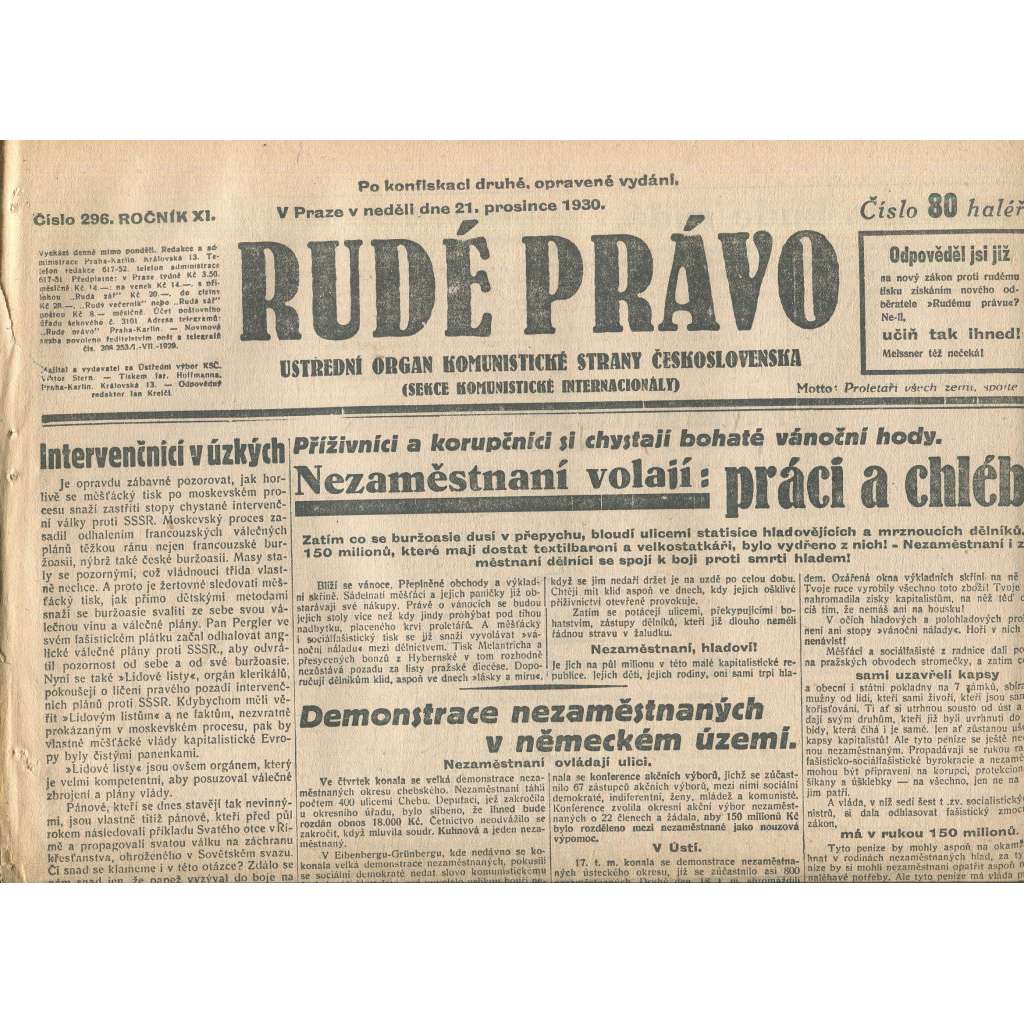 Rudé právo, ročník XI., číslo 296/1930. Ústřední orgán Komunistické strany Československa (staré noviny, 1. republika) Rudé právo, ročník XI., číslo 296/1930. Ústřední orgán Komunistické strany Československa (staré noviny, 1. republika)