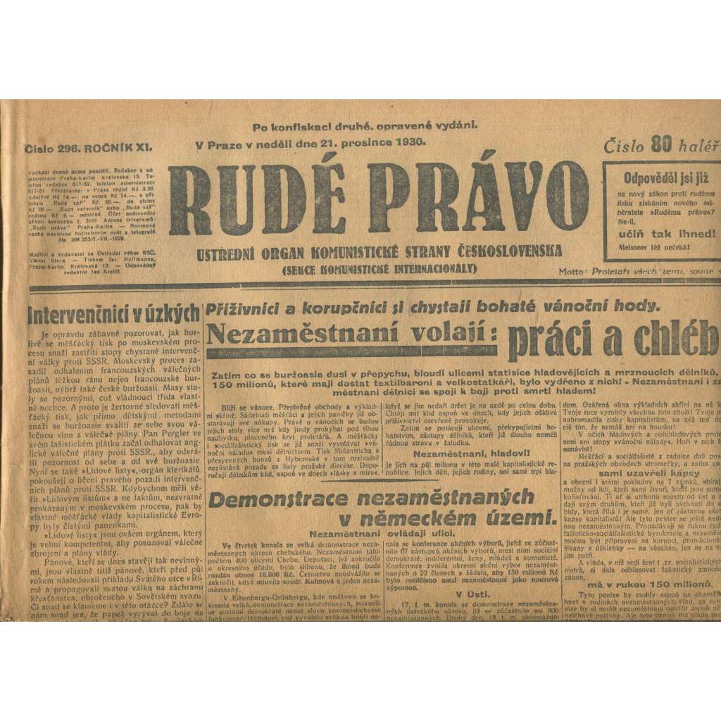 Rudé právo, ročník XI., číslo 296/1930. Ústřední orgán Komunistické strany Československa (staré noviny, 1. republika) Rudé právo, ročník XI., číslo 296/1930. Ústřední orgán Komunistické strany Československa (staré noviny, 1. republika)