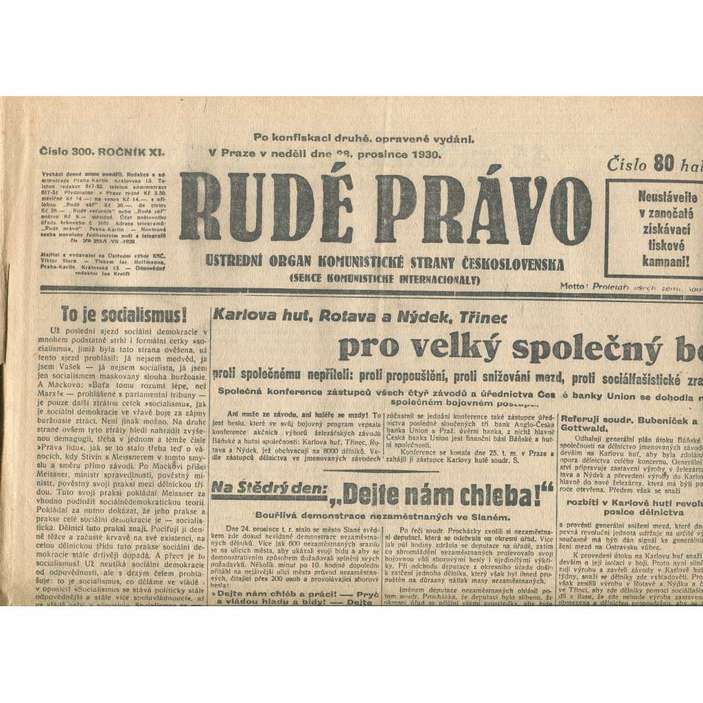 Rudé právo, ročník XI., číslo 300/1930. Ústřední orgán Komunistické strany Československa (staré noviny, 1. republika) Rudé právo, ročník XI., číslo 300/1930. Ústřední orgán Komunistické strany Československa (staré noviny, 1. republika)