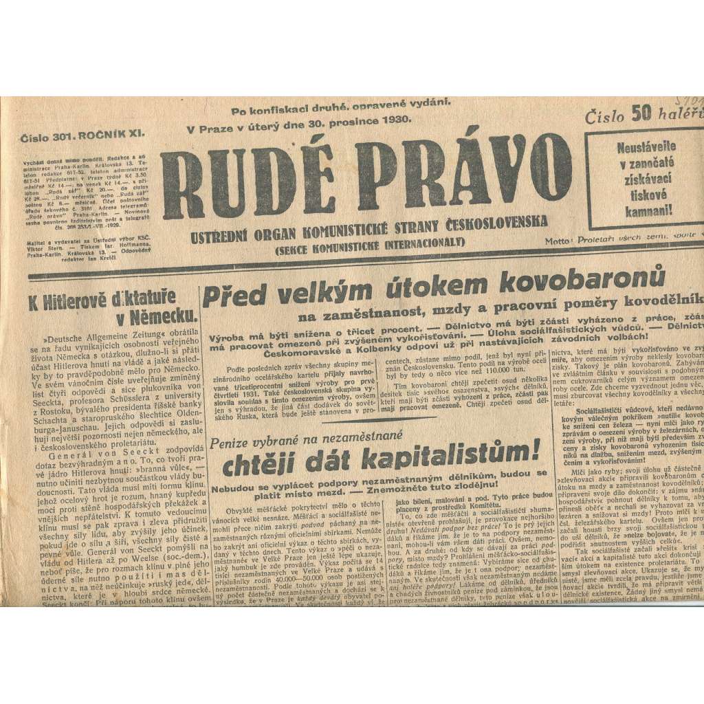 Rudé právo, ročník XI., číslo 301/1930. Ústřední orgán Komunistické strany Československa (staré noviny, 1. republika) Rudé právo, ročník XI., číslo 301/1930. Ústřední orgán Komunistické strany Československa (staré noviny, 1. republika)