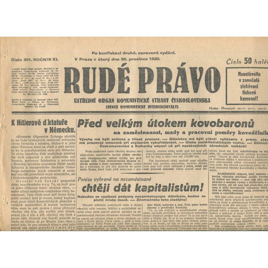 Rudé právo, ročník XI., číslo 301/1930. Ústřední orgán Komunistické strany Československa (staré noviny, 1. republika) Rudé právo, ročník XI., číslo 301/1930. Ústřední orgán Komunistické strany Československa (staré noviny, 1. republika)