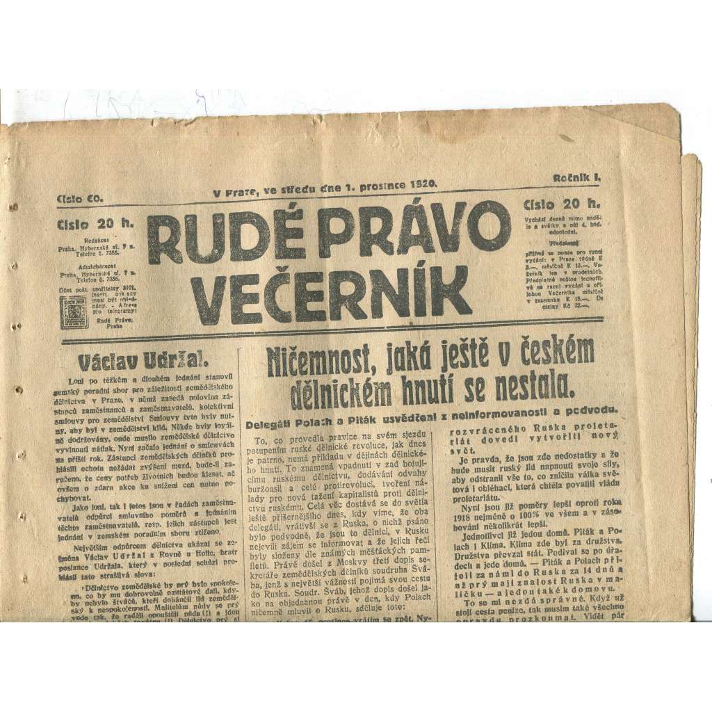 Rudé právo Večerník, ročník I., číslo 60/1920 - staré noviny - [komunisté, komunismus]