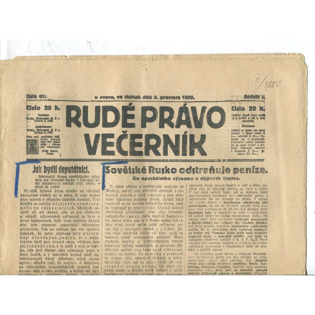 Rudé právo Večerník, ročník I., číslo 61/1920 - staré noviny - [komunisté, komunismus]